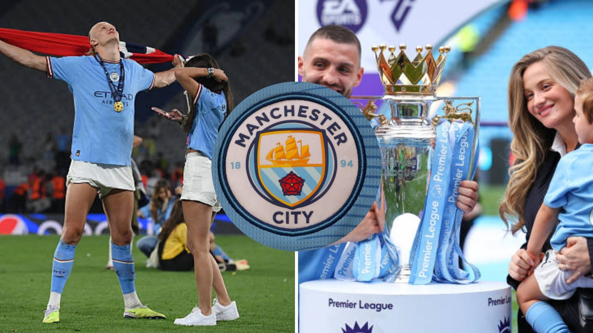 Split image featuring Manchester City players and their partners.