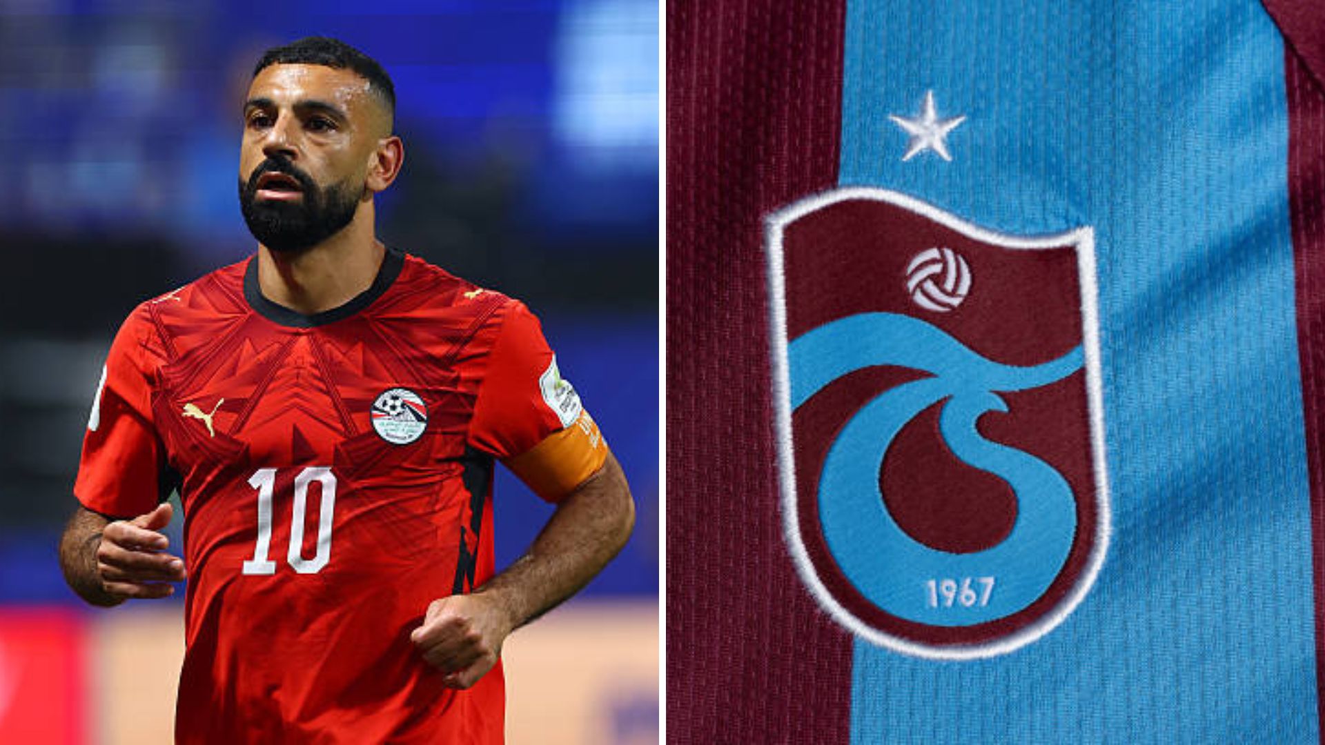 Split image featuring Mohamed Salah and the badge of Trabzonspor.