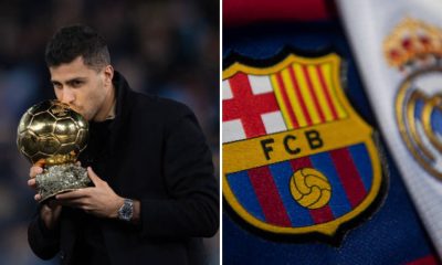 Split image featuring crests of Real Madrid and Barcelona and Rodri.