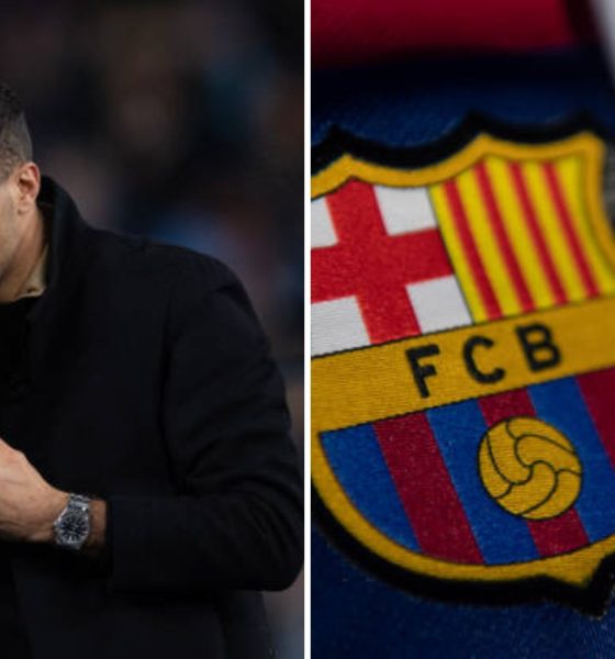 Split image featuring crests of Real Madrid and Barcelona and Rodri.