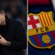 Split image featuring crests of Real Madrid and Barcelona and Rodri.