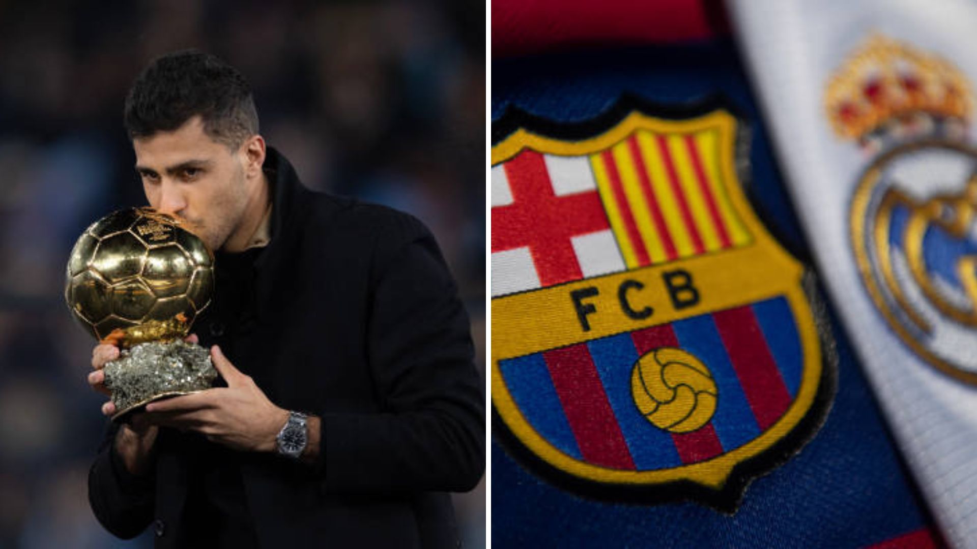 Split image featuring crests of Real Madrid and Barcelona and Rodri.