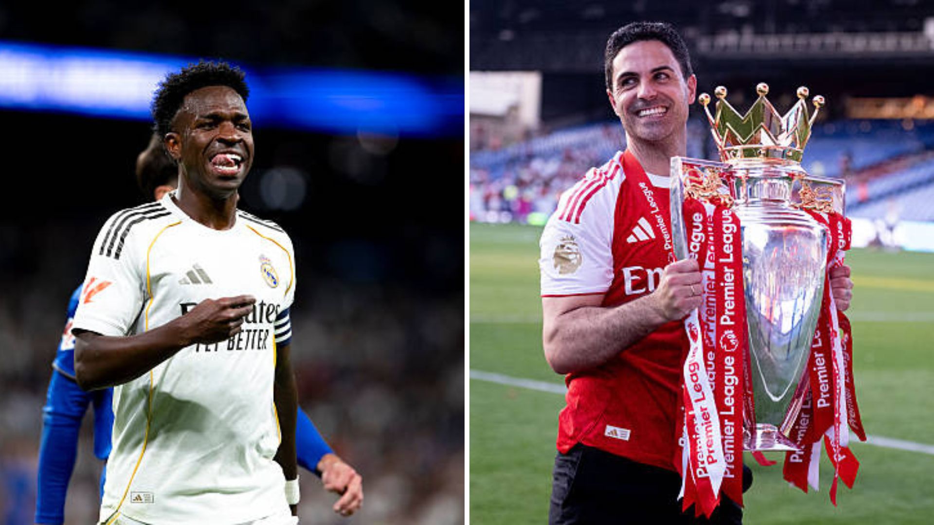 Split image featuring Vinicius Jr and Mikel Arteta.