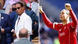 Split image featuring Virgil van Dijk on and off the pitch.