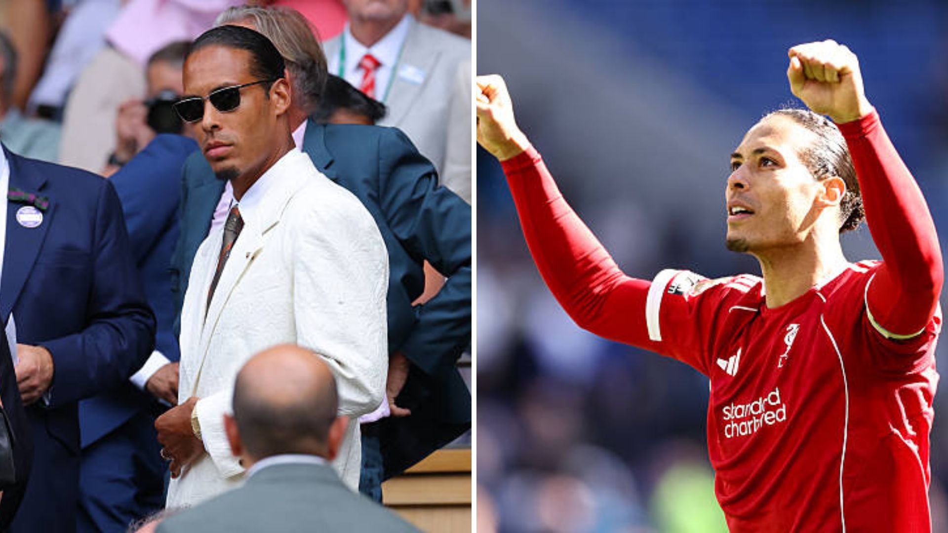 Split image featuring Virgil van Dijk on and off the pitch.